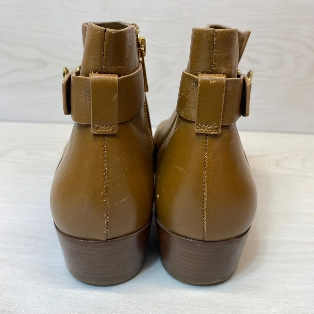 Michael Kors Womens 10M Ankle Boots Leather MK Buckle Brown Logo Booties